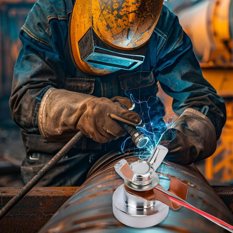 Heavy Duty Welding Magnetic Grounding Clamp With Ultra Strong Magnet used in welding on a curved metal surface, sparks visible