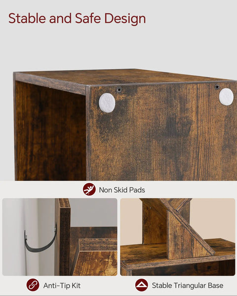 Close-up of Six Tier Tree Bookshelf showing top view with non-skid pads, stable triangular base, and anti-tip kit features.