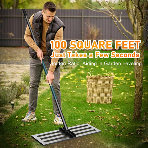 Man using Lawn Leveling Rake 30x10 Inch With 78 Inch Adjustable Handle Rust Resistant Steel Yard Tool For Backyards Gardens