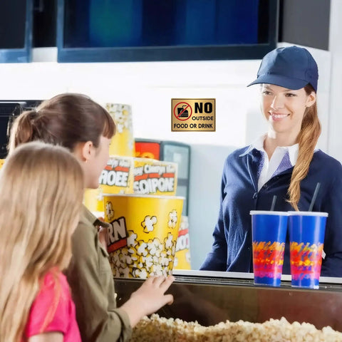 Brushed Gold No Food Or Drink Sign For Doors Two Pack Self Adhering Indoor Or Outdoor Use Ideal For Restaurants Offices And Businesses No Outside Food Or Drinks Allowed Sticker on concession counter