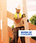 Construction worker wearing Chilly Pad Cooling Towels Lime 2 Pack 33x13 Inches for outdoor heat relief, with tools on site.