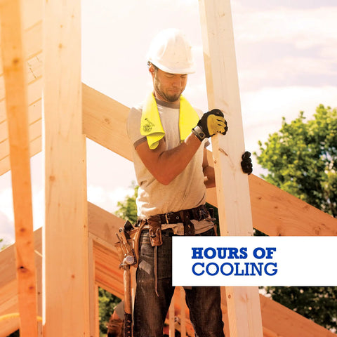 Construction worker wearing Chilly Pad Cooling Towels Lime 2 Pack 33x13 Inches for outdoor heat relief, with tools on site.