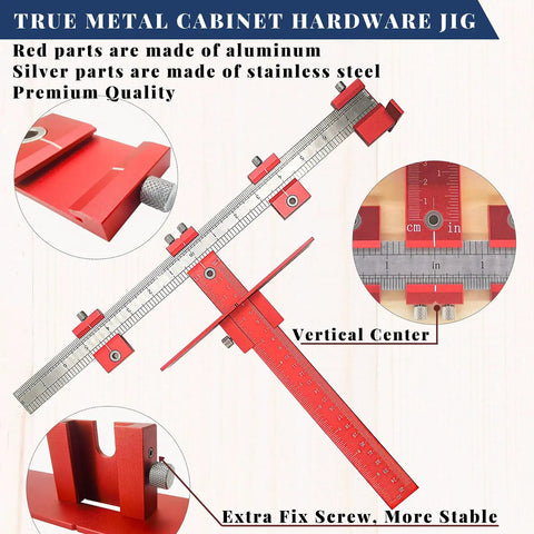 Precision Cabinet Door Handle Jig For Hardware Mounting With 5mm And 4mm Drill Guide Made From Hella Tough Aluminum Alloy To Nail Your Setup With Flawless Square Alignment Every Single Time showing red aluminum parts and stainless steel details.