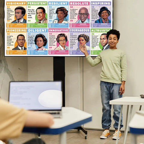 Boy presenting Ten Piece Set Of Famous Black Mathematicians Posters For Classroom Ready 11 By 14 Inch Inspirational Quotes And Math Wall Art for learning