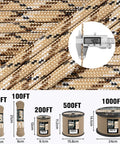 Beefy Paracord Rope 550 lb Strength 50 ft 4 mm Parachute Cord 7 Strand Core Desert Camo measuring detail and various lengths