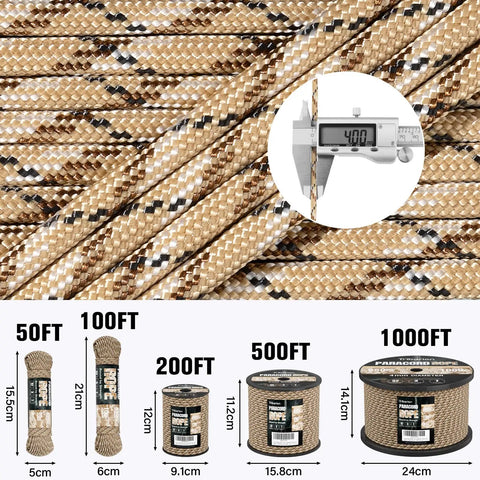 Beefy Paracord Rope 550 lb Strength 50 ft 4 mm Parachute Cord 7 Strand Core Desert Camo measuring detail and various lengths