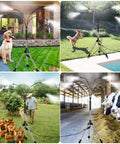 Standing Misters For Outdoor Cooling On The Go Adjustable Four Point One Foot Misting System With Four Spray Heads And Twenty Six Point Two Foot Hose Portable Cooling For Camping, Pool, Beach And Garden BBQ in use in different outdoor settings.
