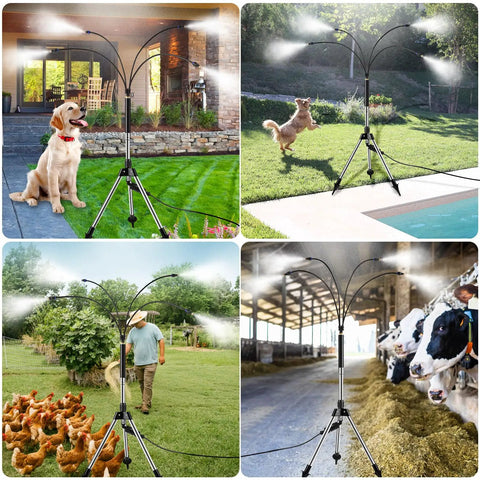 Standing Misters For Outdoor Cooling On The Go Adjustable Four Point One Foot Misting System With Four Spray Heads And Twenty Six Point Two Foot Hose Portable Cooling For Camping, Pool, Beach And Garden BBQ in use in different outdoor settings.