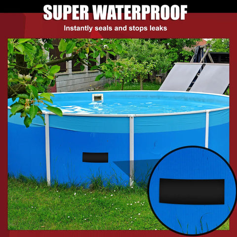 Heavy Duty Waterproof Tape 4 Inch By 10 Ft Rubberized Seal Patch used on blue pool liner with visible patch