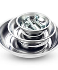 Stacked round stainless steel magnetic trays holding screws, part of Magnetic Tray 3 Piece Set Round Stainless Steel Magnetic Parts Trays For Screws Nuts Bolts Pins Grab N Go Tools In Garage Workshop And Auto Repair Jobs.