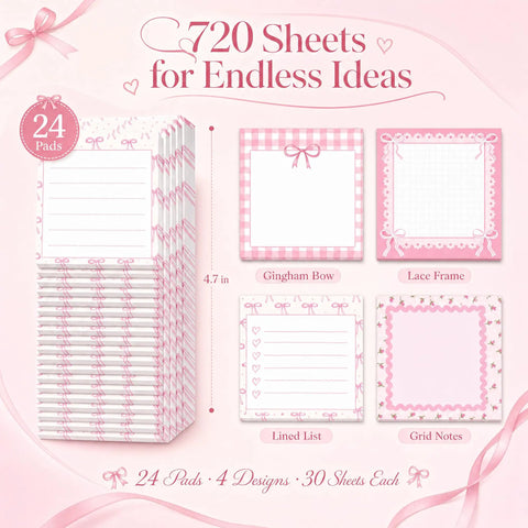 Totally Cute Bow Sticky Notes For Students With Pink Gingham Design 24 Pads 720 Sheets, 4 designs shown.