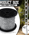 50 Ft Galvanized Steel Hanging Jack Chain 1.3mm roll with close-up showing link dimensions for light fixtures and decor.