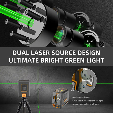 Self Leveling Cross Line Laser Level With 100ft Range Green Beam 10 Brightness Levels Carrying Pouch Included Ideal For Picture Hanging DIY Construction Indoor Projects, green beam close-up