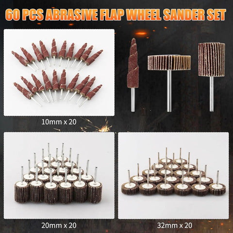 60 Piece Flap Wheel Sander Set for Dremel Rotary Tools, 80 Grit Aluminum Oxide Wheels With 1/8 Inch Shank