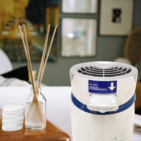 Replacement Filter For Homedics 5 In 1 Air Purifier Models AP T40 FL AP T40 AP T45 AP T40 WT AP T40 WT AR AP T45 WT 1461901 Series next to essential oil reeds in a room.