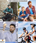 Collage of hunting, fishing, experiment, and cycling scenarios illustrating diverse uses for 60 Pairs Protective Safety Goggles With 60 Pairs Reusable Earplugs, Clear Anti Scratch UV Resistant Wraparound Eyewear For Work Lab Construction Sports Men And Women, All Day Comfort No Fuss Sanitary Packaging Eye Protection Essentials.