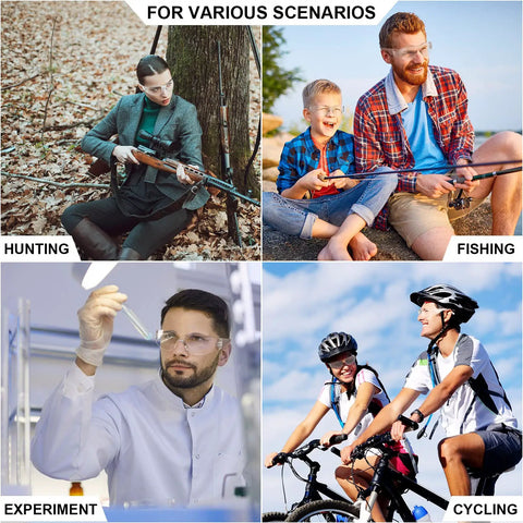 Collage of hunting, fishing, experiment, and cycling scenarios illustrating diverse uses for 60 Pairs Protective Safety Goggles With 60 Pairs Reusable Earplugs, Clear Anti Scratch UV Resistant Wraparound Eyewear For Work Lab Construction Sports Men And Women, All Day Comfort No Fuss Sanitary Packaging Eye Protection Essentials.