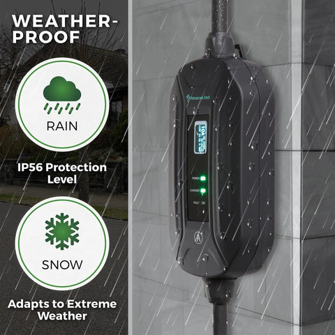 Weather-proof Level 2 EV Charger With 24 Amp Adjustable Amperage 10A-16A-24A, 30 Foot Cable, 6-50P Plug, IP56 protection in rain