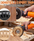 5 Piece Wood Carving Disc Set For Angle Grinder With 4 Inch And 4.5 Inch Attachments, shown carving wood with orange grinder
