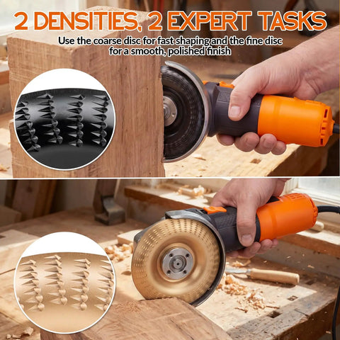 5 Piece Wood Carving Disc Set For Angle Grinder With 4 Inch And 4.5 Inch Attachments, shown carving wood with orange grinder