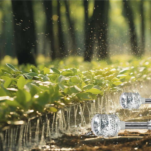 2 Pack Aluminum Bubbler Sprinkler Heads for gentle watering, installed in garden, showing metal construction and water diffusion on plants.