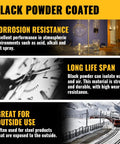Black powder-coated features: corrosion resistance, long life span, great for outdoor use with descriptive text and images.