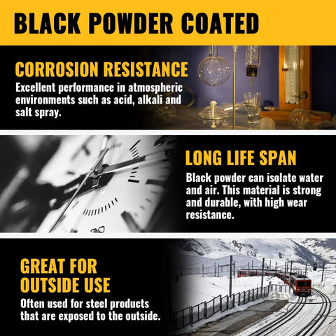Black powder-coated features: corrosion resistance, long life span, great for outdoor use with descriptive text and images.