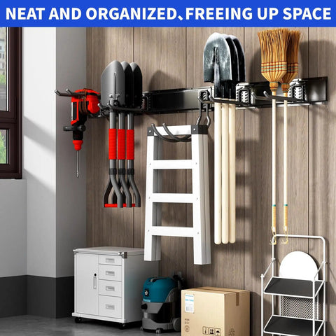 64 Inch Heavy Duty Wall Mounted Garden Tool Organizer With 10 Adjustable Hooks holding tools in garage
