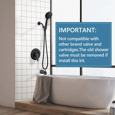 Shower Tub Kit With Valve Included Five Setting Handheld Shower Head And Tub Spout Single Handle Tub And Shower Trim Kit DIY Friendly Matte Black Finish Brass Valve Body With Pressure Balance For Safe And Consistent Water Temperature installed beside a bathtub in a tiled bathroom.