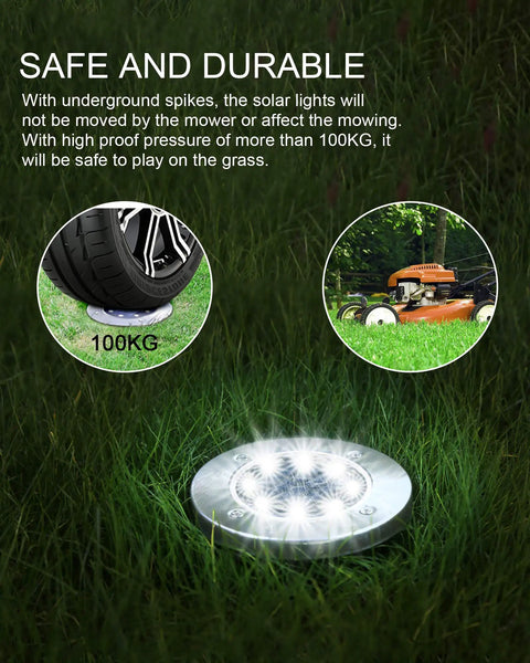 12 Pack Solar Ground Lights For Outdoor Use Waterproof Disk LED Lights For Lawn Pathway Yard Walkway Driveway Patio Deck Cold White Solar Lights With 8 Bright LEDs And 600mAh NiMH Battery on grass with vehicle weight demonstration and mowing