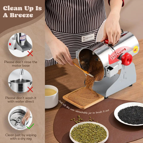 Person using Beast Mode 2500W Electric Grain Mill Grinder For Wheat Corn Rice Pepper Herbs And Coffee Beans 700g Swing Jar 110V