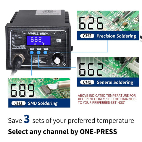 Upgraded 939D I Soldering Station Pro Grade 75W Equivalent showing C/F LCD display with 3 memory presets and temperature settings.