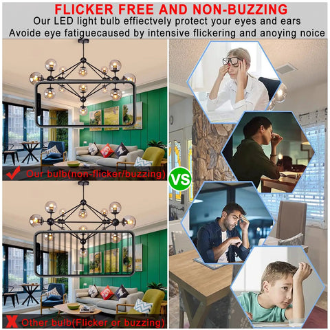 Comparison showing Smooth Dimmable E26 LED Bulb 4W Equivalent 40W Warm White 2700K 400 LM in chandelier with no flickering effect