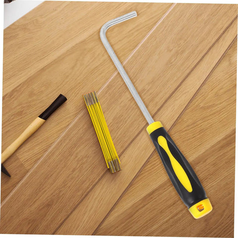 Multi Function Stainless Steel Roller Shutter Hook And Manhole Cover Lifter With Plush Rubber Grip on wooden surface.