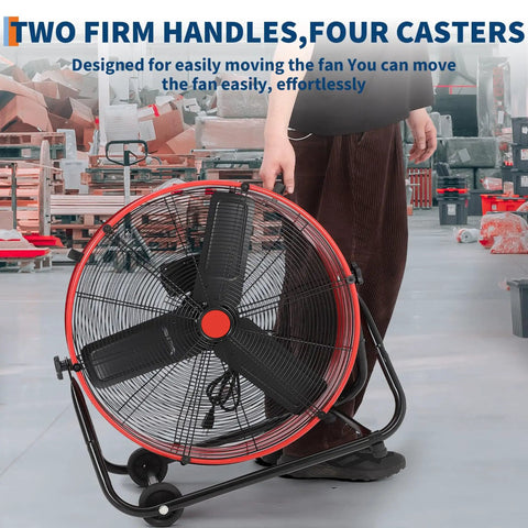 Heavy Duty 24 Inch Industrial Floor Fan With High Velocity Airflow, 3 Speed Settings, 4800 To 8800 CFM, durable metal blades, red
