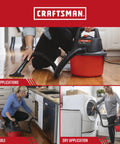 Compact 2.5 Gallon Wet Dry Shop Vacuum With 2.5 Peak HP in use on hardwood, kitchen, and laundry room floors, lightweight and portable