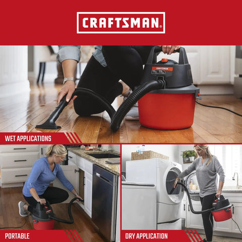 Compact 2.5 Gallon Wet Dry Shop Vacuum With 2.5 Peak HP in use on hardwood, kitchen, and laundry room floors, lightweight and portable