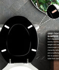Elongated Black Wooden Toilet Seat With Zinc Alloy Hinges Easy To Install And Clean Scratch Resistant Durable Design Natural Wood Finish For A Dope Look On Most Elongated Toilets showing grip-tight bumpers.
