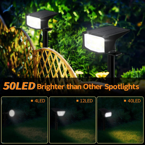 Outdoor Solar Spotlight Kit With 50 LED Lights IP65 Waterproof highlighting a garden path at night with bright beams.