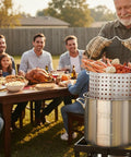 Close-up of 80 Quart Seafood Boiling Kit with strainer basket, outdoor boil pot in use at a backyard gathering, people dining.