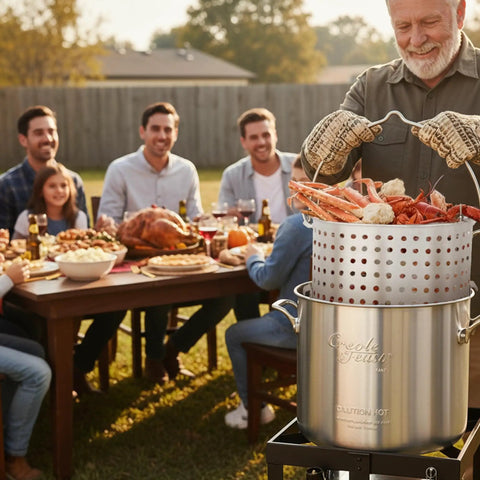 Close-up of 80 Quart Seafood Boiling Kit with strainer basket, outdoor boil pot in use at a backyard gathering, people dining.
