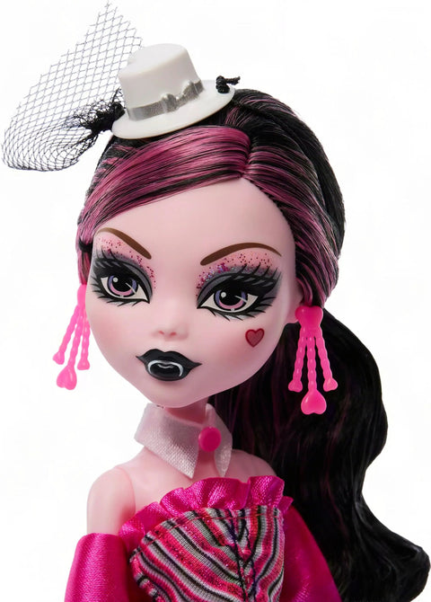 Iconic Design Draculaura Reproduction Doll In A Dope Pink Ruffle Dress Featuring Spooky Chic Vampire Vibes And Top Notch Craftsmanship For Your Totally Sweet Shelf, close-up of detailed face and hairstyle.
