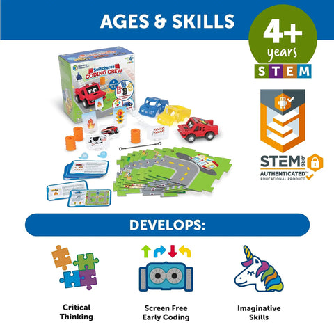 Switcheroo Coding Crew Screen Free Robot Kit For Kids Hands On Push Button Coding box, pieces, and 4+ STEM icons