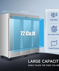 81 Inch Commercial Freezer Refrigerator With Three Solid Doors Delivers Seventy Two Cubic Feet Of Heavy Duty Storage Space Stainless Steel Construction ETL Approved showing dimensions and food storage options.