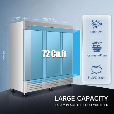 81 Inch Commercial Freezer Refrigerator With Three Solid Doors Delivers Seventy Two Cubic Feet Of Heavy Duty Storage Space Stainless Steel Construction ETL Approved showing dimensions and food storage options.
