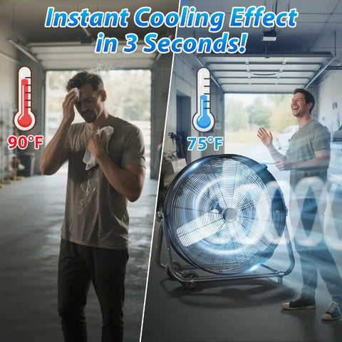 Man cooling down with 24 Inch Industrial Drum Fan With 8900 CFM High Velocity Air Circulator in warehouse