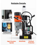 Heavy Duty Magnetic Drill Press 1550W Featuring Badass Magnetic Base And No Sweat 0 To 600 Rpm Control showcasing features like precise scale and metal body.