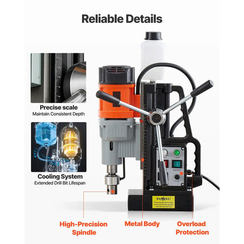 Heavy Duty Magnetic Drill Press 1550W Featuring Badass Magnetic Base And No Sweat 0 To 600 Rpm Control showcasing features like precise scale and metal body.