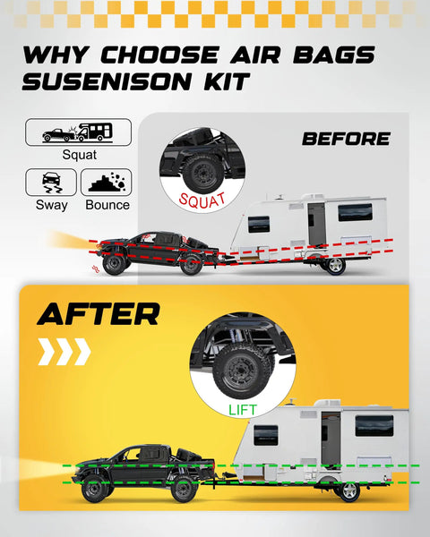 Heavy Duty Rear Air Bag Suspension Kit For Chevrolet Silverado 2500HD And GMC Sierra 3500HD 2011 Through 2026 visual comparison of performance before and after installation.