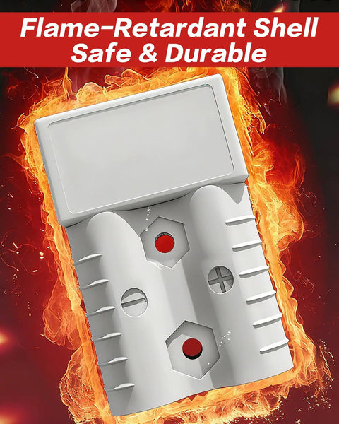 175A Anderson Battery Connector Plug with flame-retardant shell, safe and durable, set against a fiery background